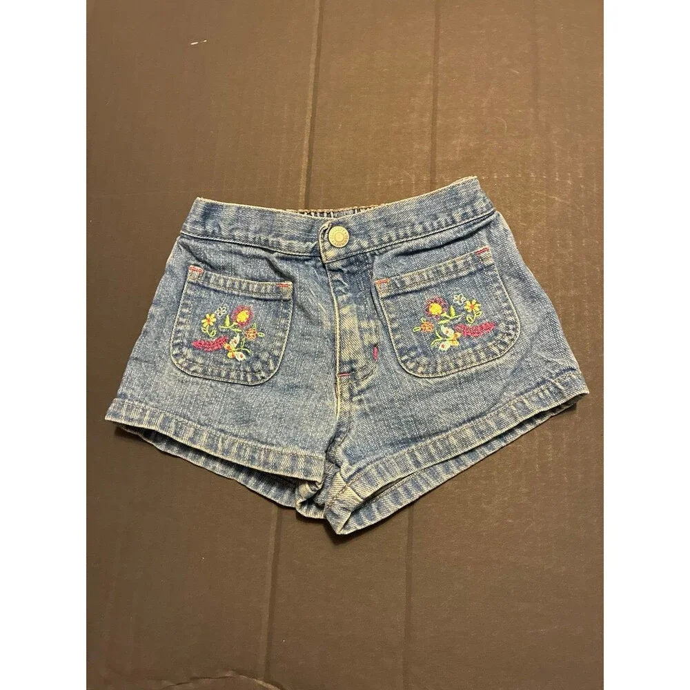 Vintage Old Navy Toddler Denim Shorts Embroidered Floral Pockets 6-12 Months